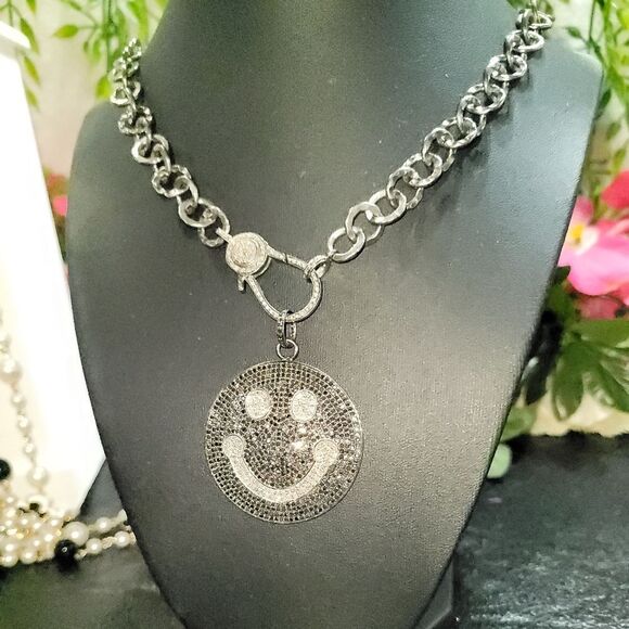 Black Diamond Smiley Face Necklace - Picture 6 of 17